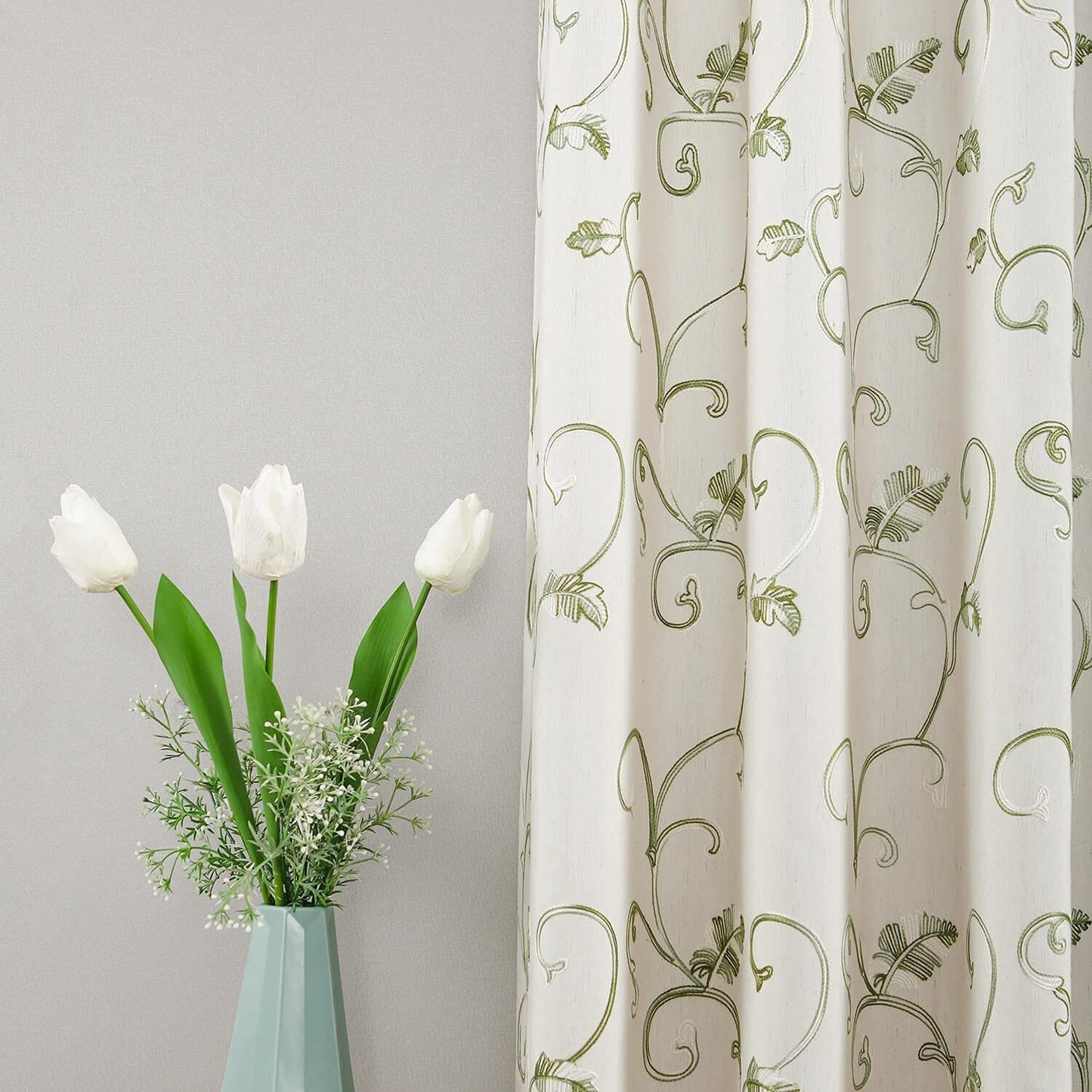 Embroidered Green Vine Curtains Linen Drapes for Livingroom