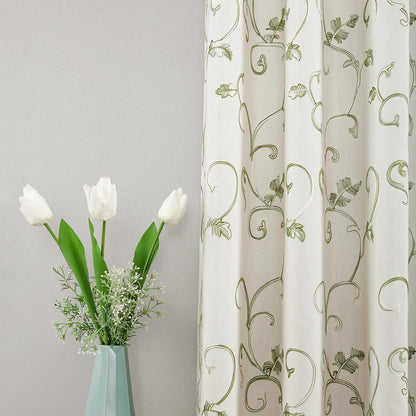 Embroidered Green Vine Curtains Linen Drapes for Livingroom