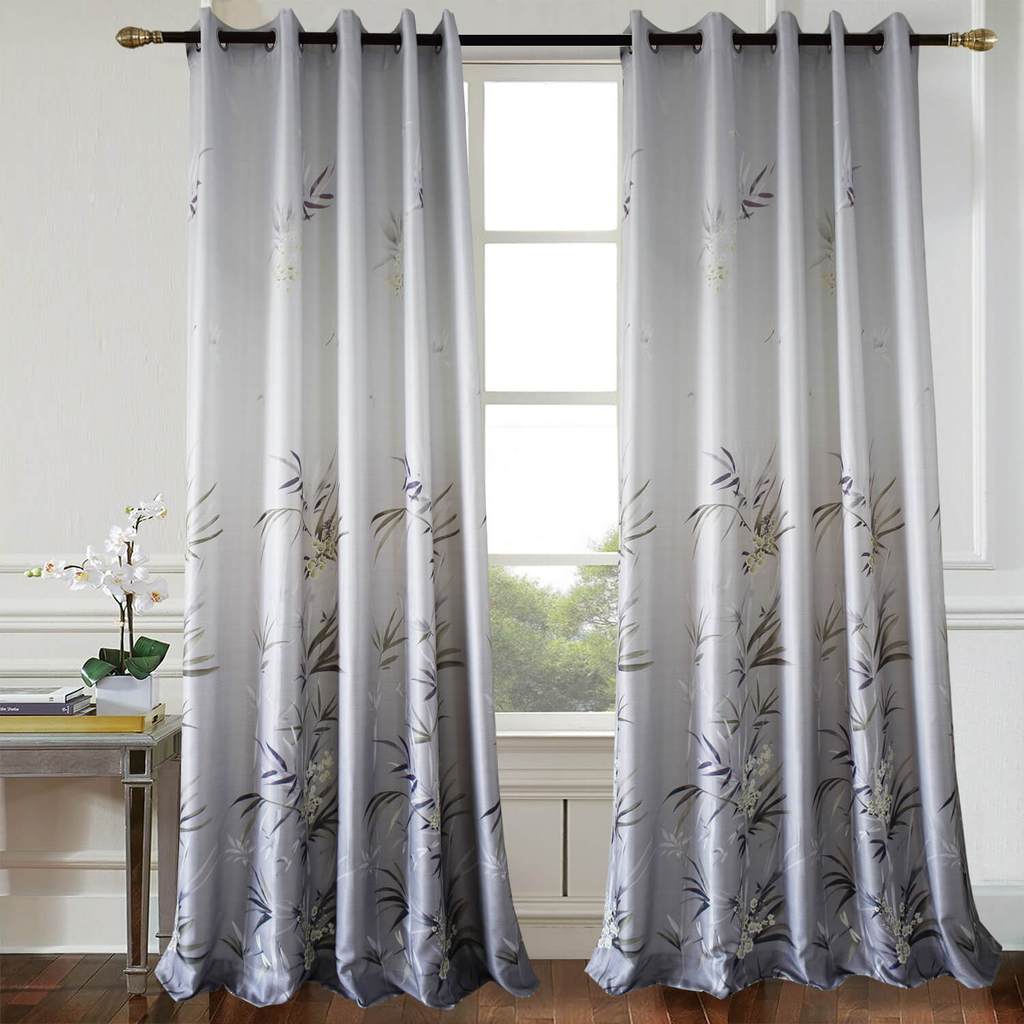 Grey Bamboo Leaf Bedroom Blackout Curtains Living Room Drapes 2