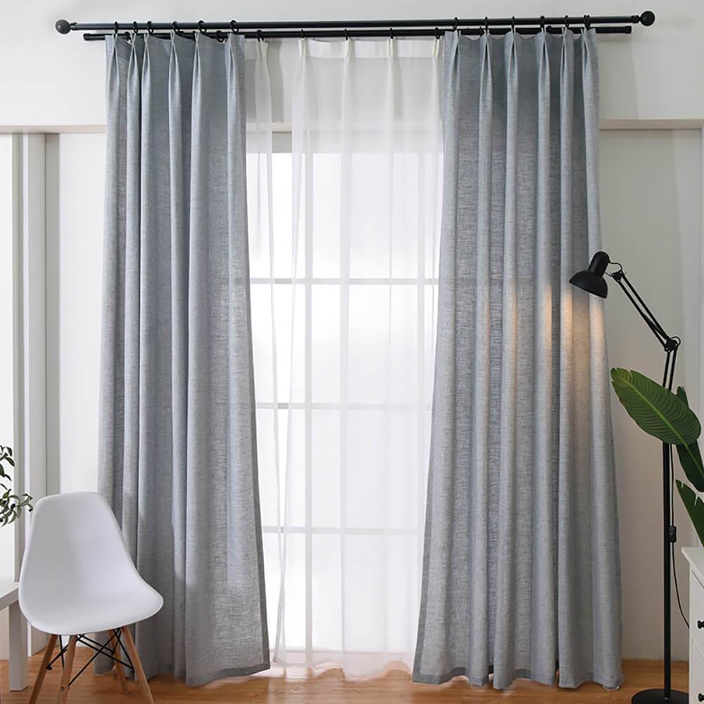 Grey natural linen curtains living room pinch pleat drapes