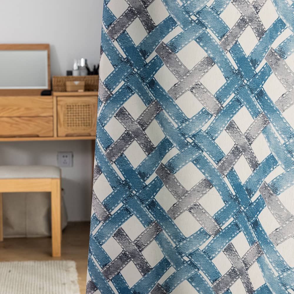 Blue Gray Plaid Curtains Weave Style Drapes