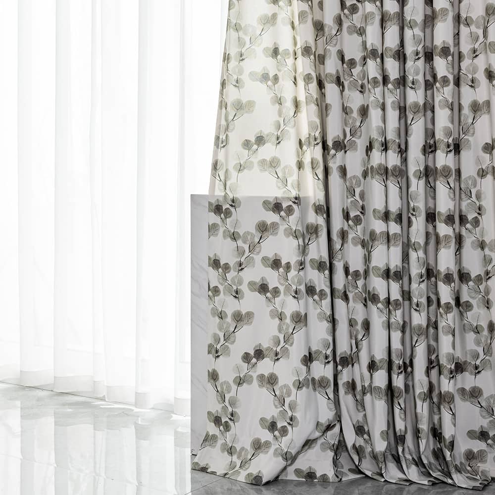 Artistic Gray Ink Leaves Curtains Window Drapes 2 Panels