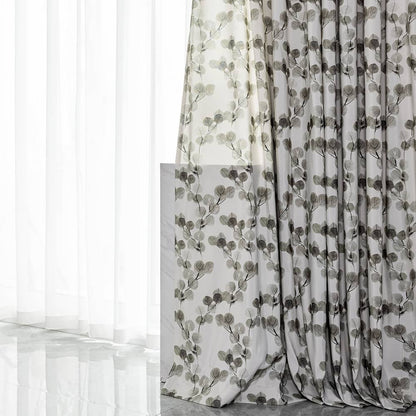 Artistic Gray Ink Leaves Curtains Window Drapes 2 Panels