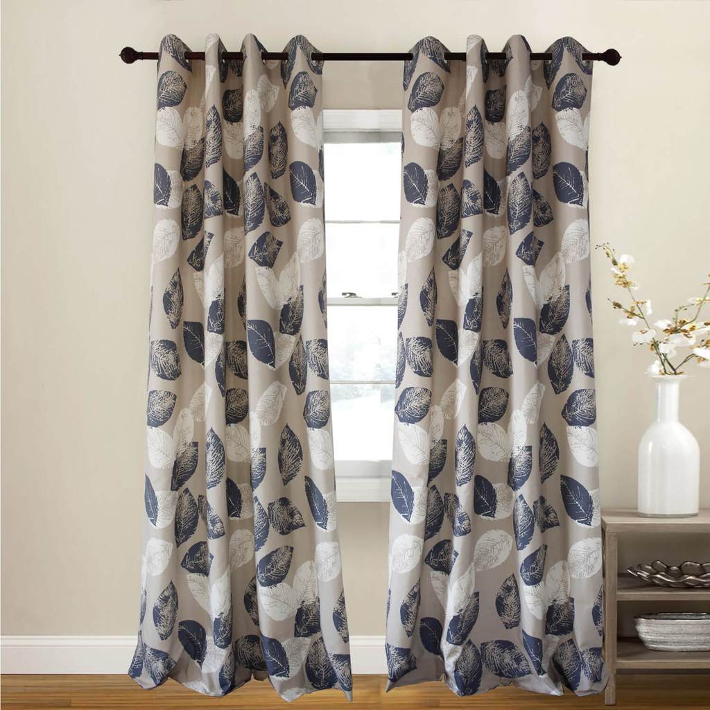 Navy Blue White Leaf Pattern Drapes Blackout Curtains for Sale – Anady Top