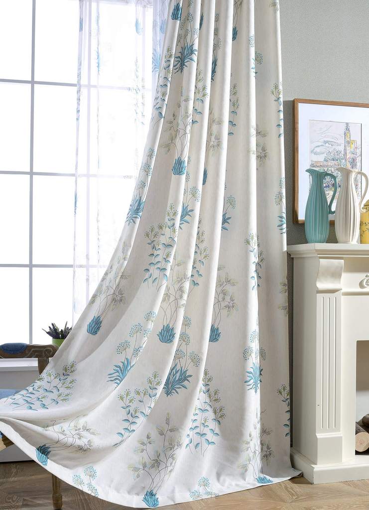 Light blue botanical patterned curtains white window drapes