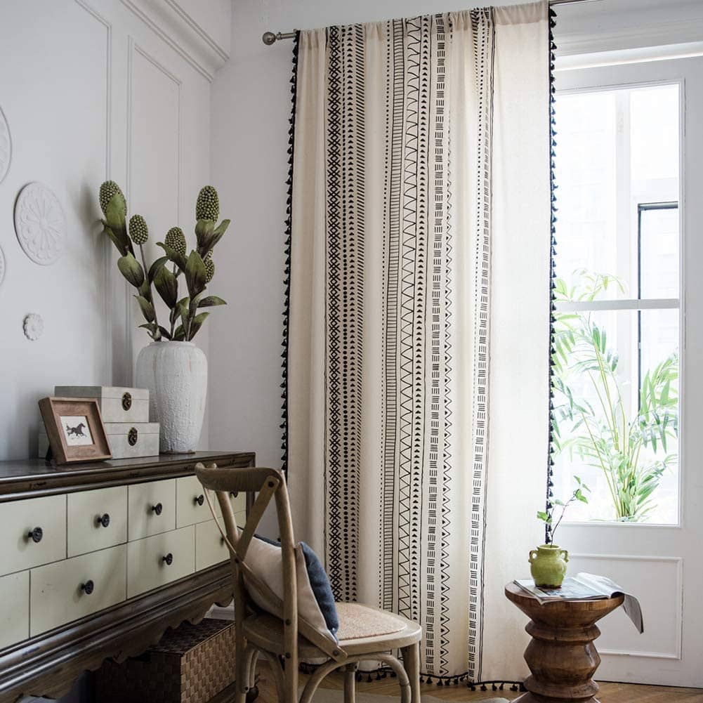 Geometric Bohemian Style Cotton Linen Cream Curtains with Tassels