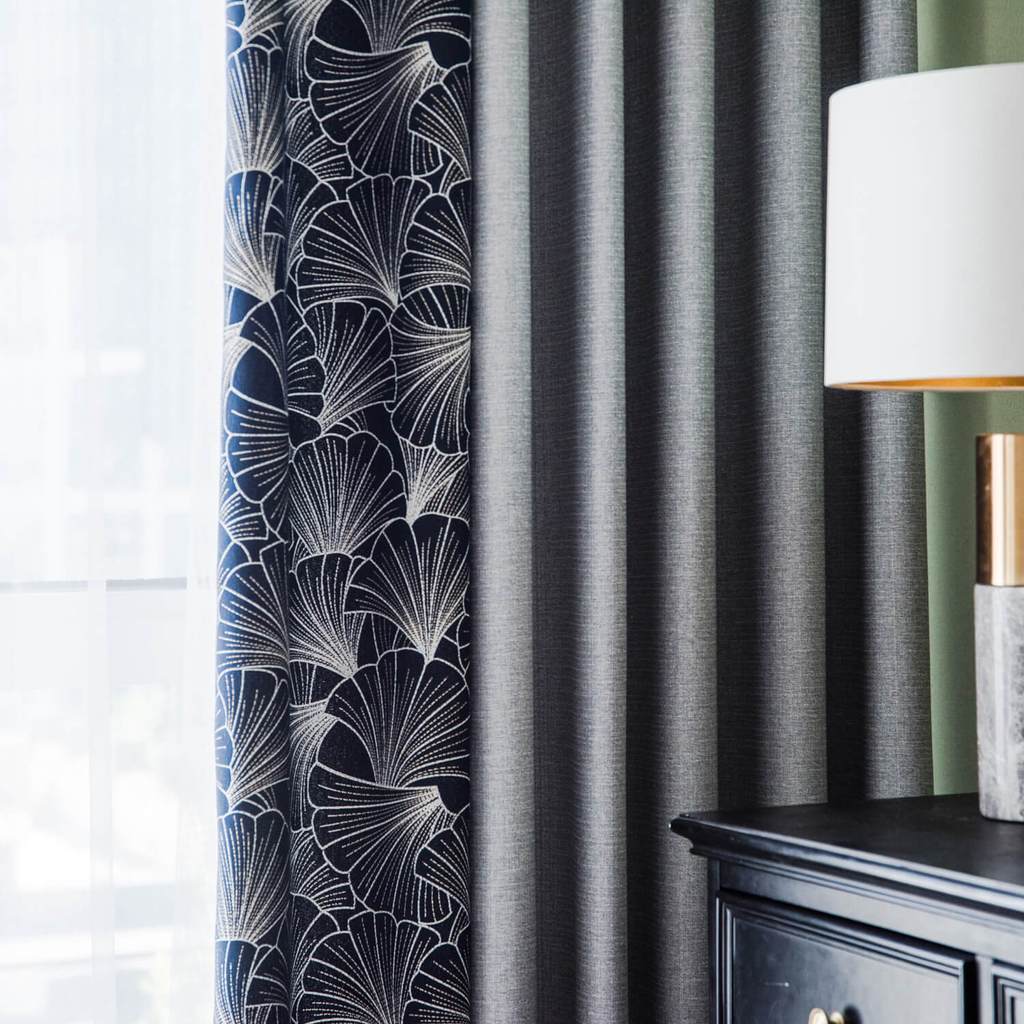 Navy blue leaf curtains gray splicing drapes for sliding glass doors