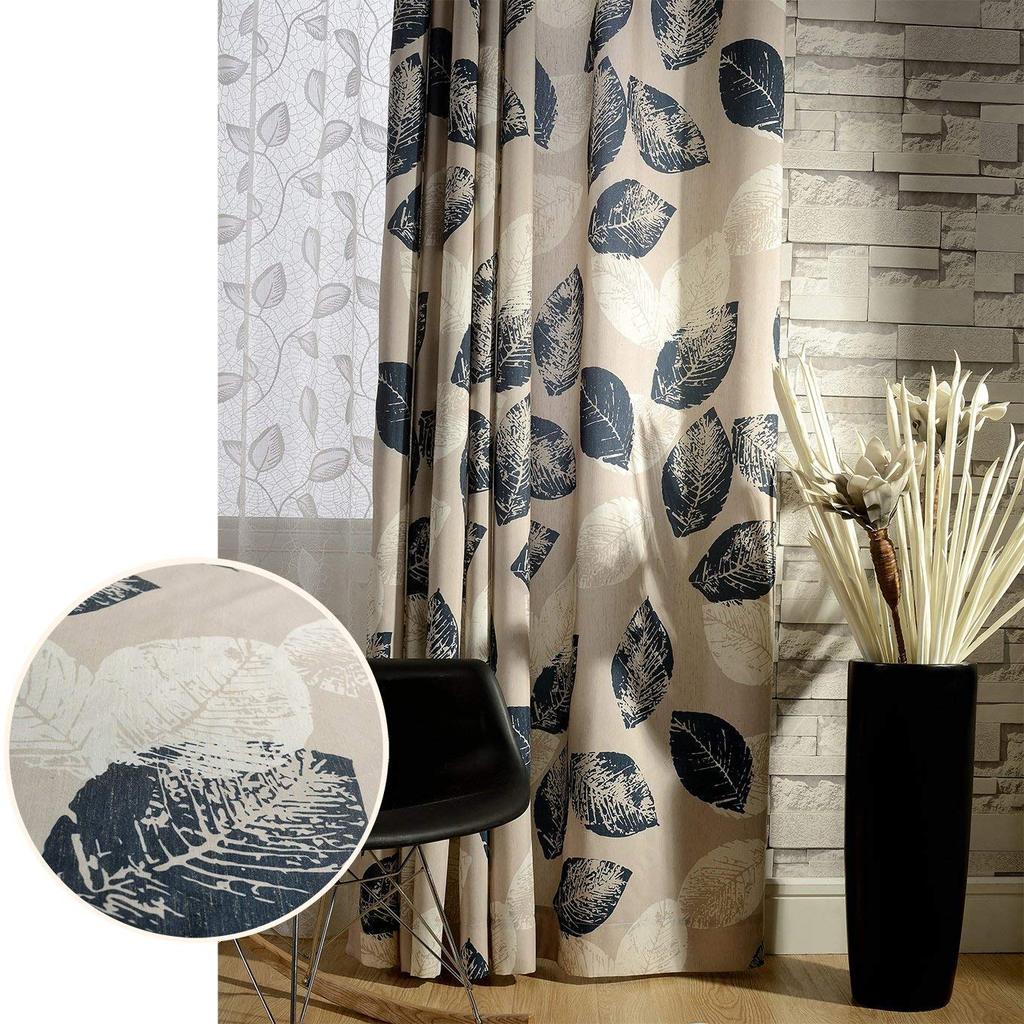 Navy Blue White Leaf Pattern Drapes Blackout Curtains for Sale – Anady Top