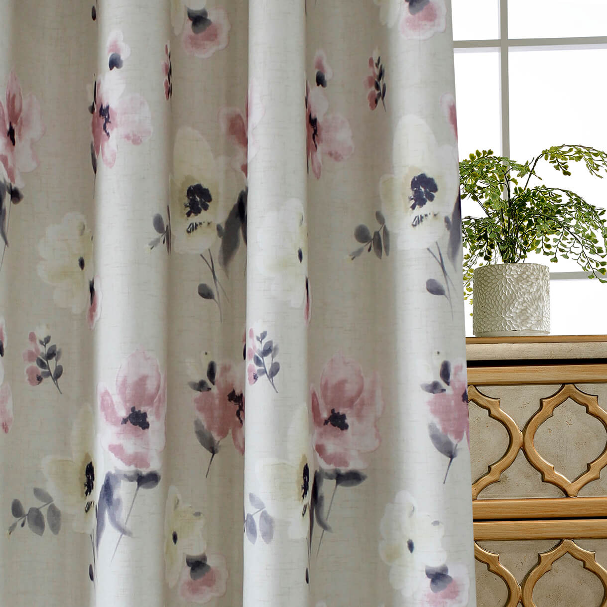 Water Color Pink Flower Beige Curtains for Living Room 2 Panels - Anady Top Space Design