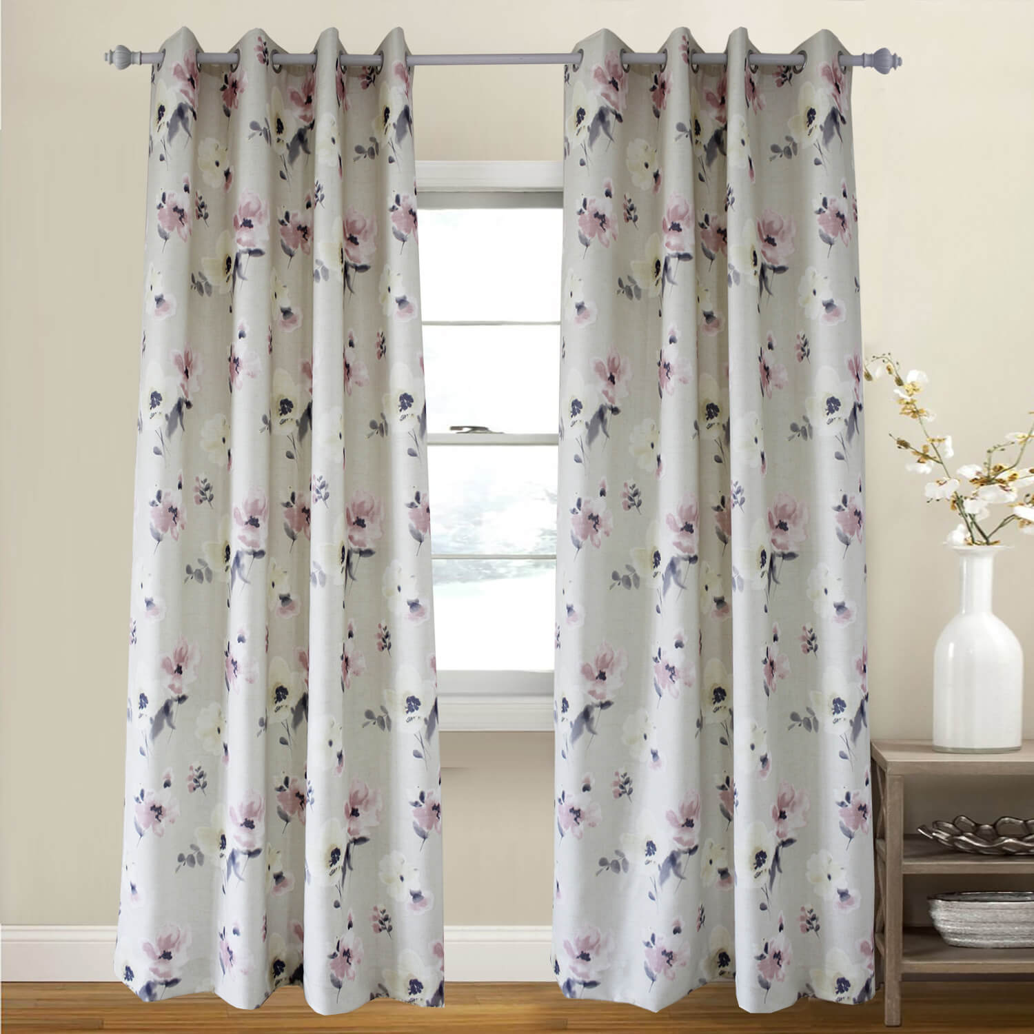Water Color Pink Flower Beige Curtains for Living Room 2 Panels - Anady Top Space Design