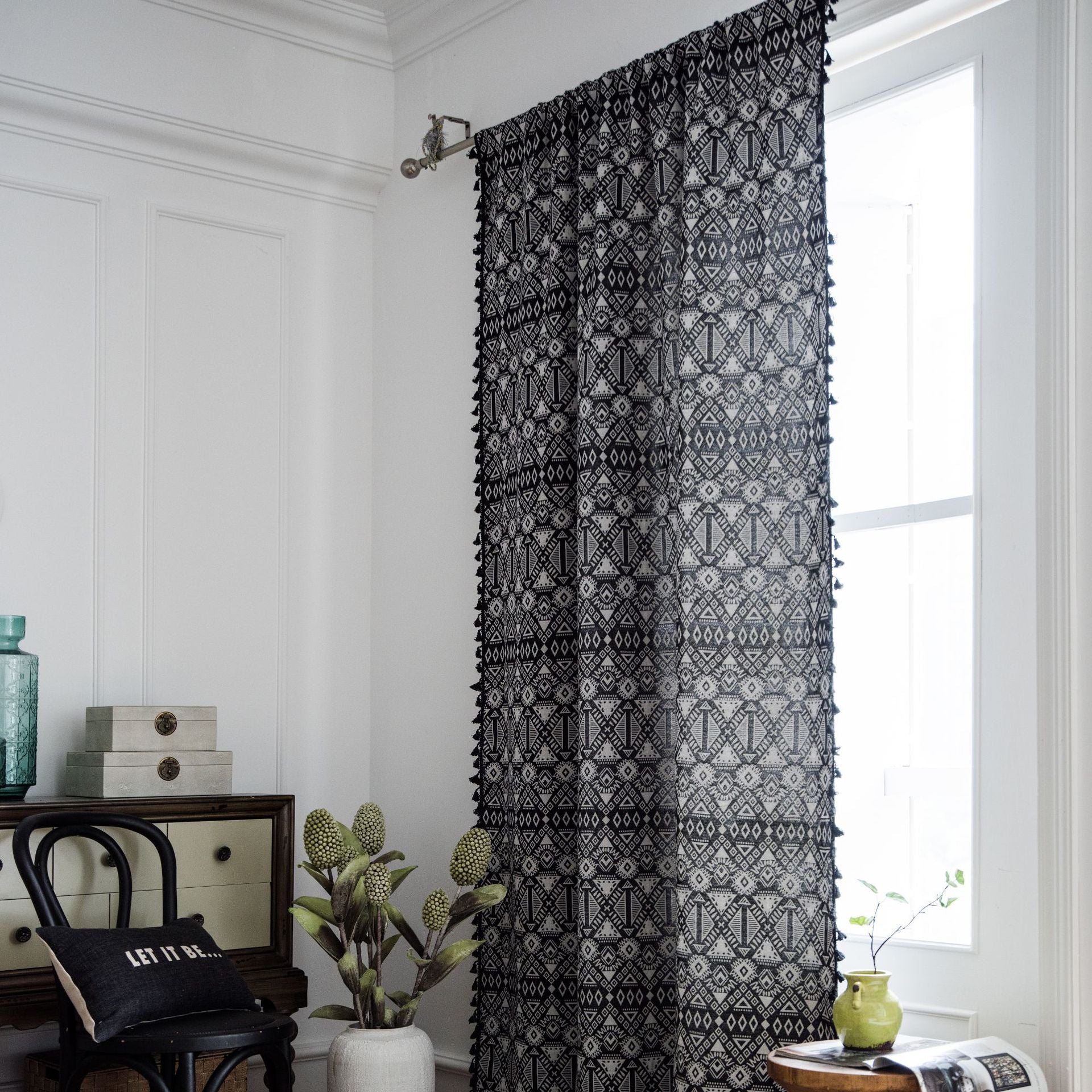 Black Floral Geometric Curtains Ceiling Drapes with Tassels
