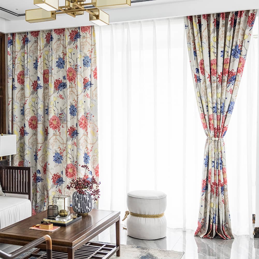 King Flowers and Crane Curtains Red Blue Bloom Drapes for Bedroom/Living Room