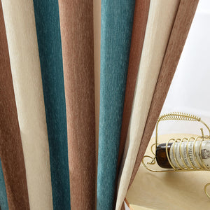 Blue/Brown/Beige Striped Curtains Grommet Top Chenille Drapes for Bedroom Set of 2 Panels - Anady Top Space Design