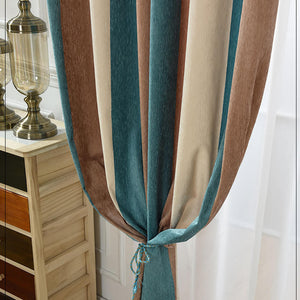 Blue/Brown/Beige Striped Curtains Grommet Top Chenille Drapes for Bedroom Set of 2 Panels - Anady Top Space Design