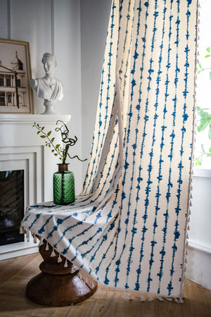 Stylish Blue Vertical Stripe Curtains White Drapes with Tassels