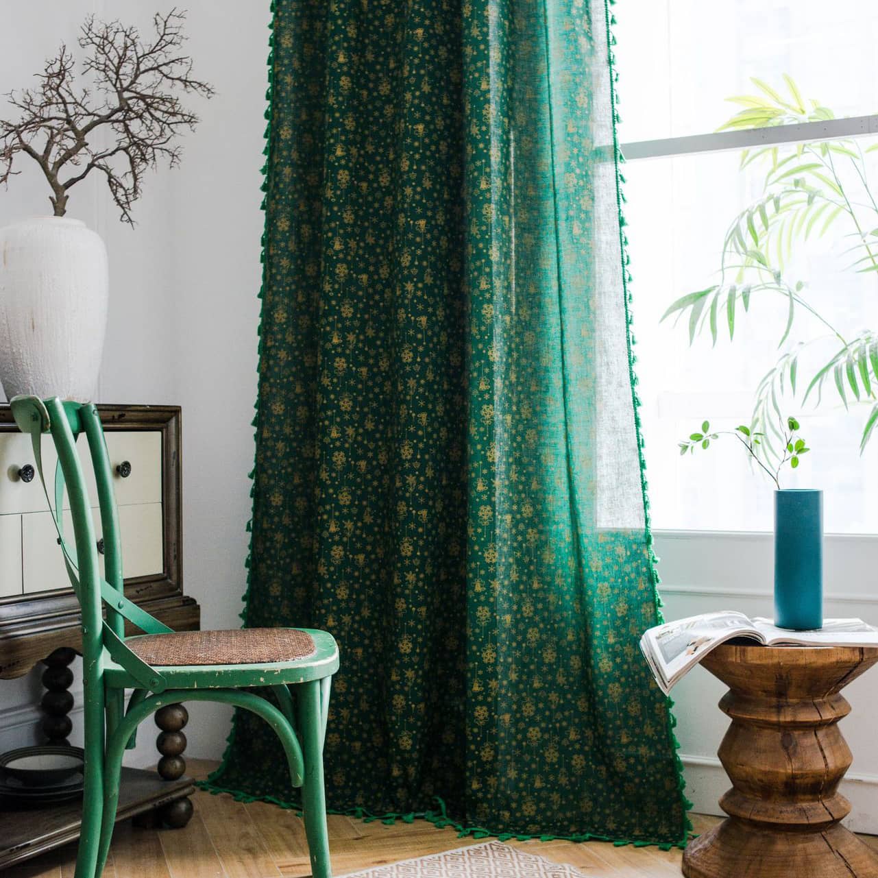 Green Christmas Trees Curtains with Tassels Drapes