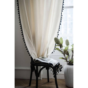 Solid Off White Cotton Linen Cream Curtains with Black Tassels
