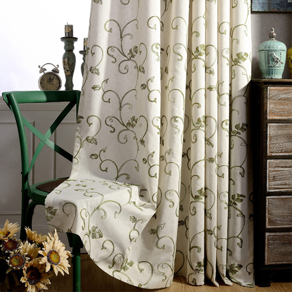 Embroidered Green Vine Curtains Linen Drapes for Livingroom