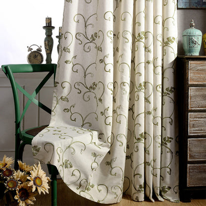 Embroidered Green Vine Curtains Linen Drapes for Livingroom