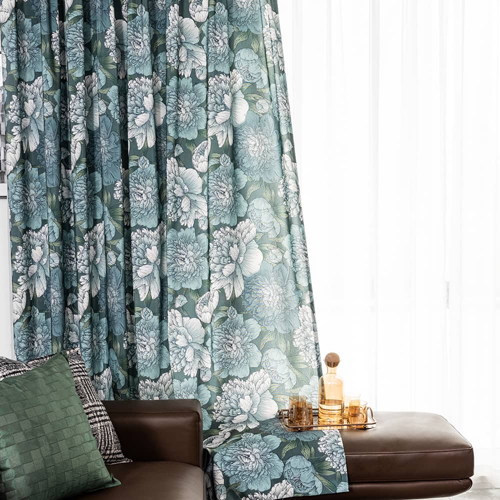 Turquoise Curtains Peony Flowers Drapes for Living Room