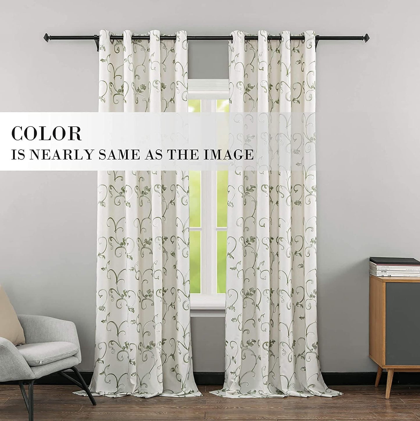 Embroidered Green Vine Curtains Linen Drapes for Livingroom