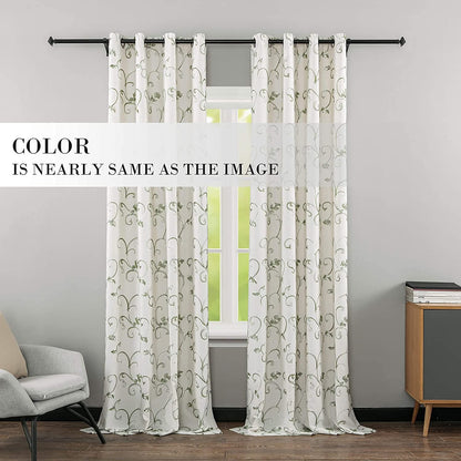 Embroidered Green Vine Curtains Linen Drapes for Livingroom