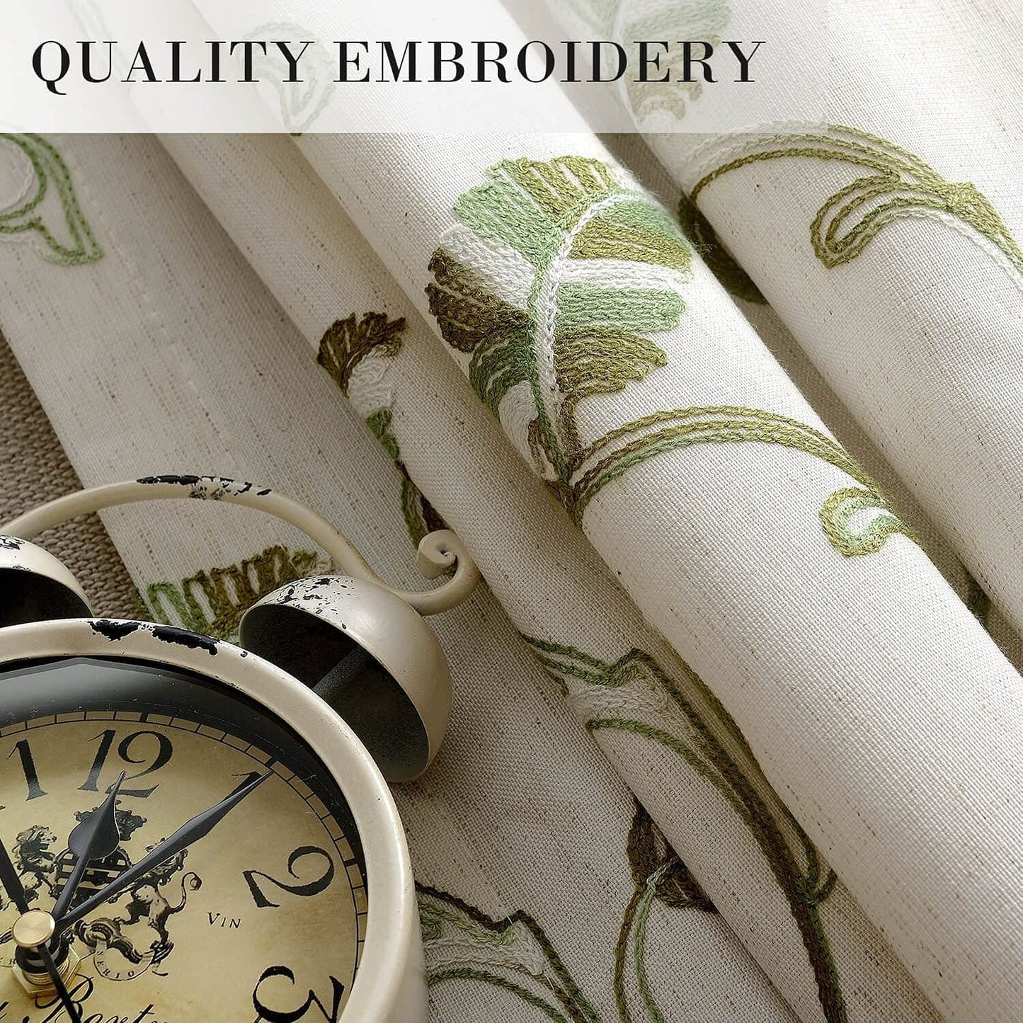 Embroidered Green Vine Curtains Linen Drapes for Livingroom