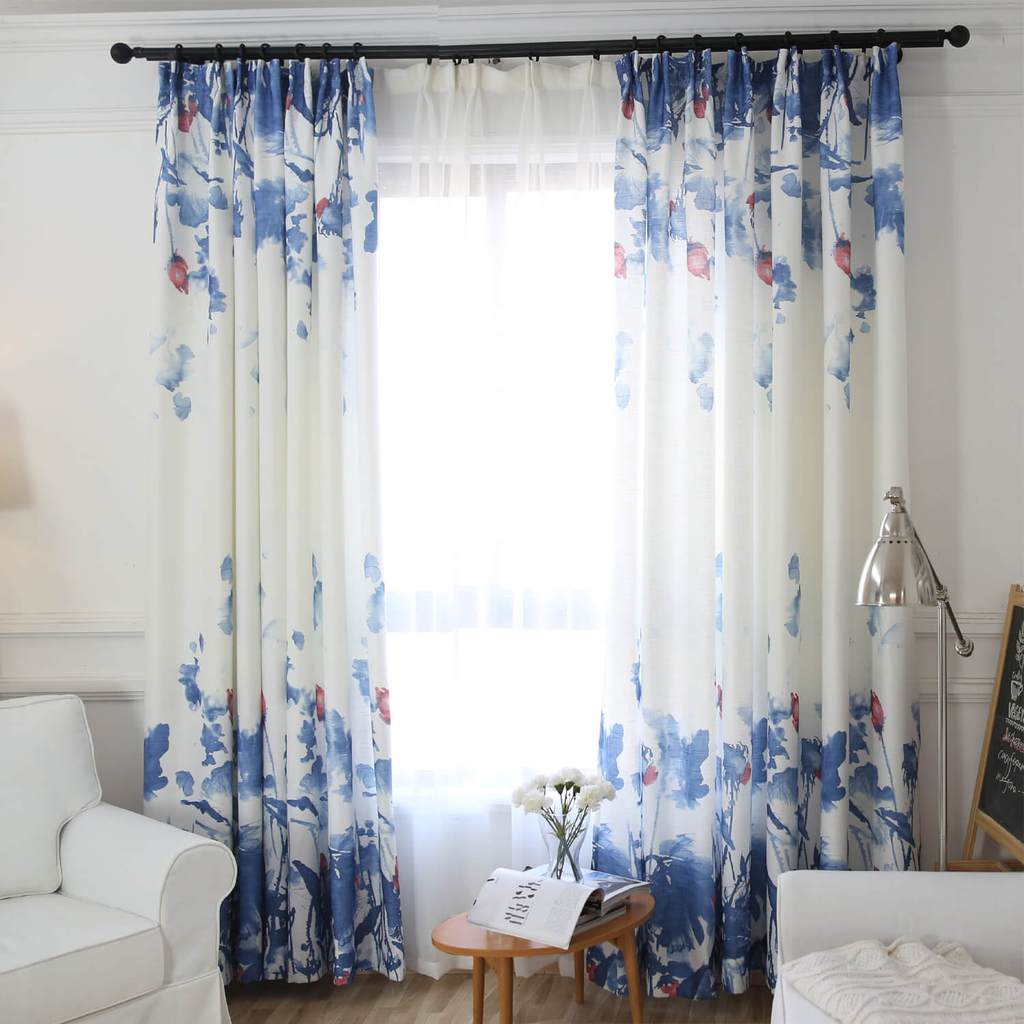 Watercolor lapis blue lotus white curtains red flower art bedroom drapes