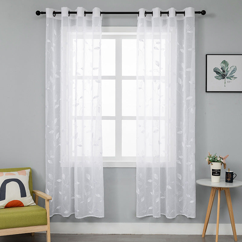 White Leaf Vine Embroidered Sheer Curtains Voile Drapes – Anady Top