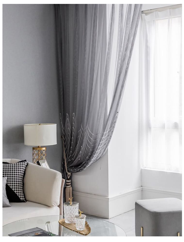 Embroidered Pearls White/Gray Sheer Curtains 2 Panels