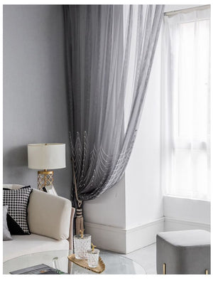 Embroidered Pearls White/Gray Sheer Curtains 2 Panels