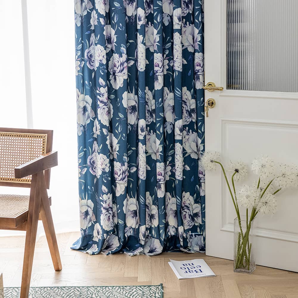 Blue Curtains Oil Painting Peony Drapes for Living Room