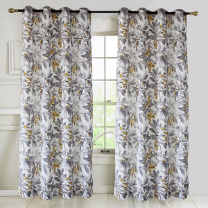 Yellow Birds Gray Leaves Curtains for Living Room 1 Set of 2 Panels - Anady Top Space Design