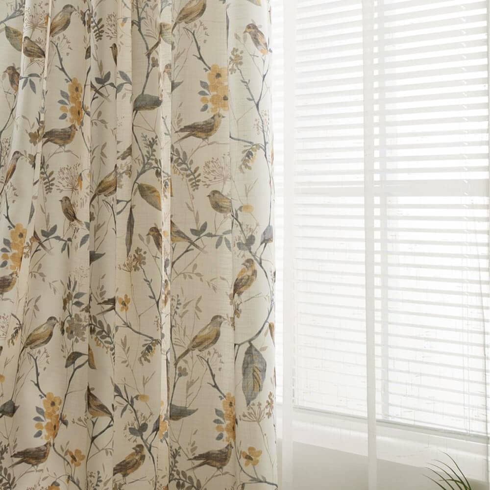 White Yellow Gray Birds Floral Curtains Living Room Blackout Drapes