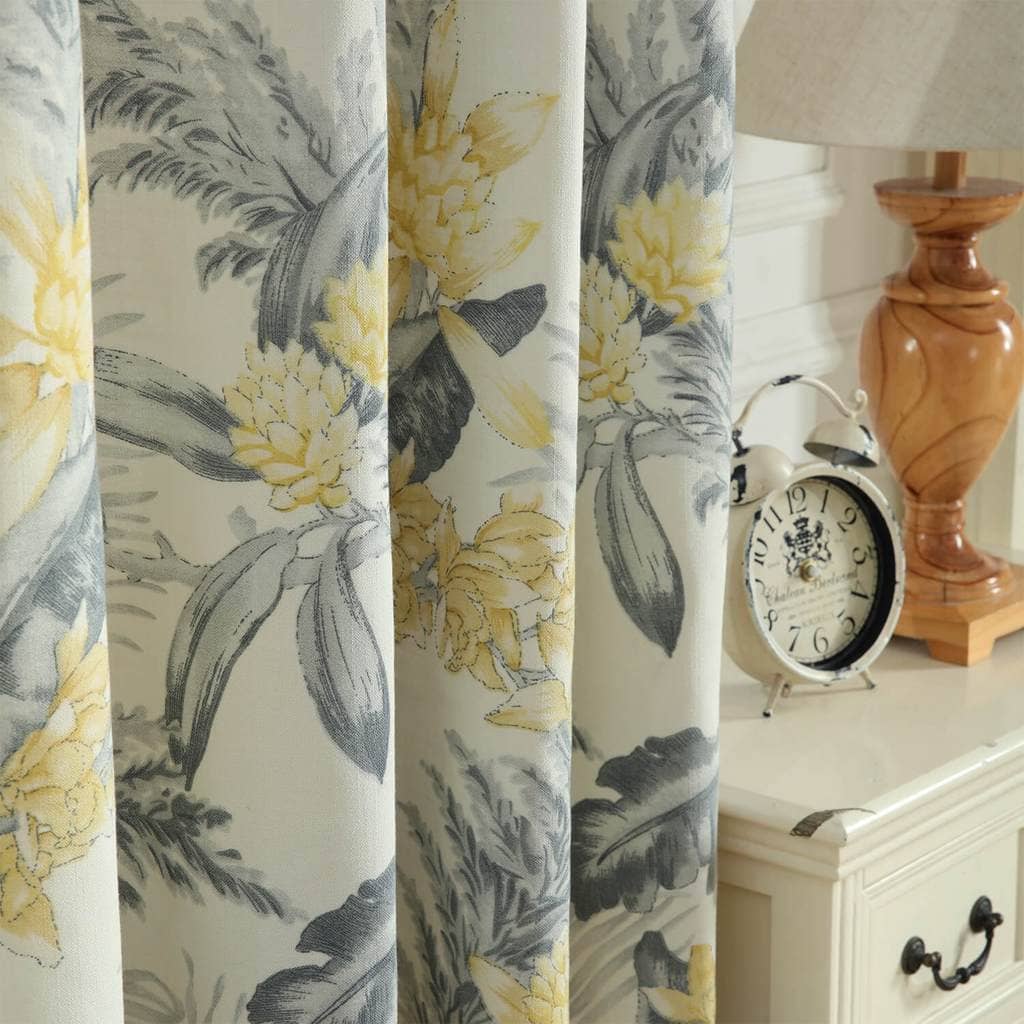 yellow flower grey botanical patterned curtains dining room custom drapes