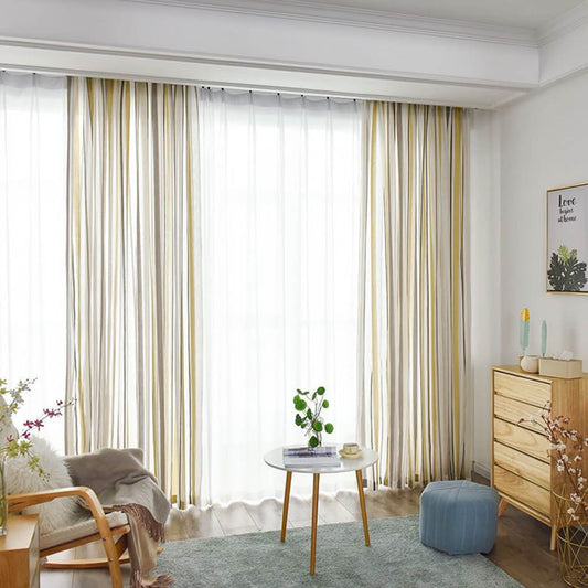 Yellow Gray Striped Sheer Curtains for Bedroom/Living Room 2 Panels